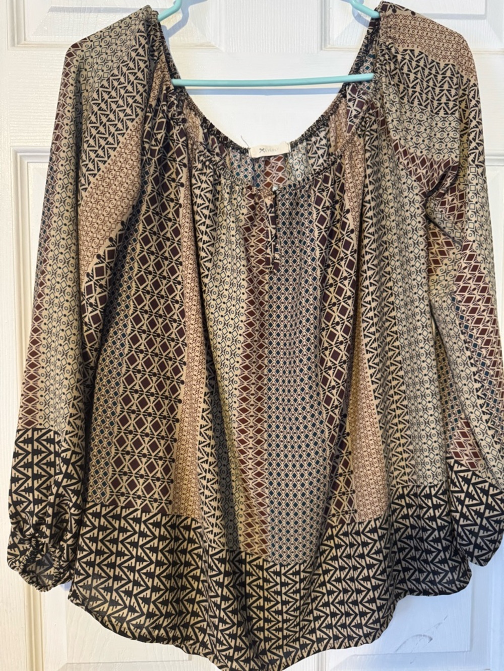 Bohemian Geometric Peasant Tunic in Brown and Cream